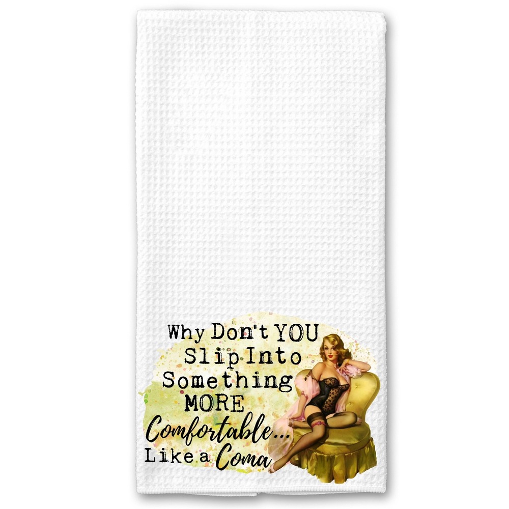 Vintage Pin Up Girl Waffle Weave Kitchen Towel White Sarcastic Coma Humor